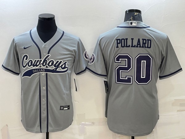 Men's Dallas Cowboys #20 Tony Pollard Gray With Patch Cool Base Stitched Baseball Jersey